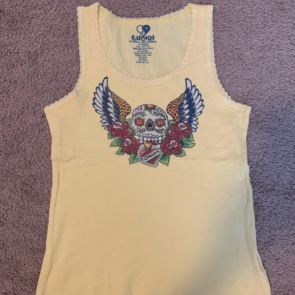 Lucky brand yellow graphic tank top; size